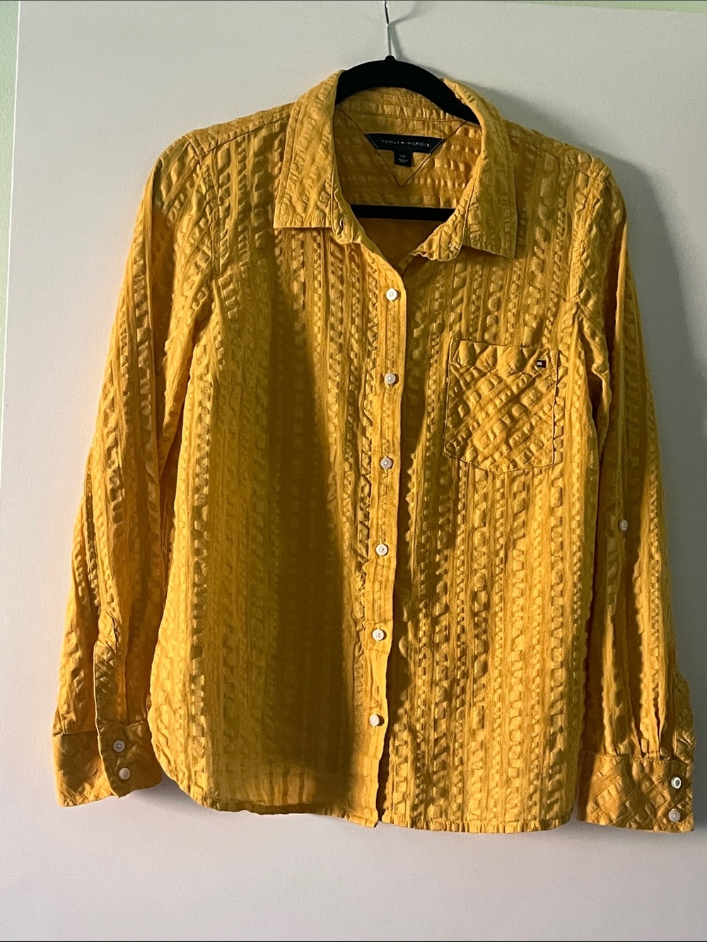 Women bright yellow seersucker blouse